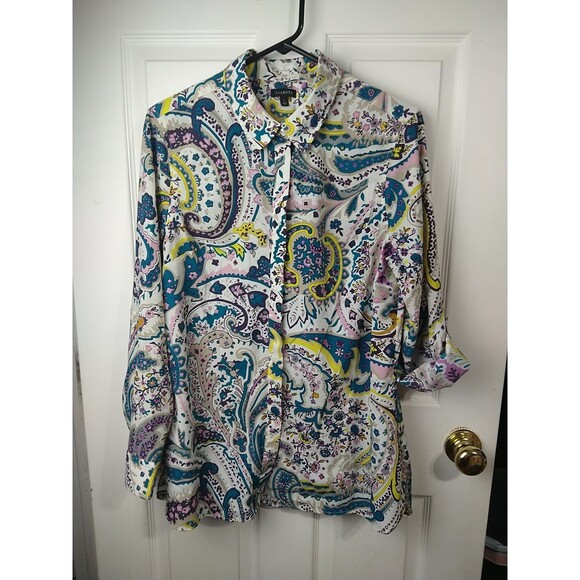 Talbots Woman L Shirt/ Tunic Roll Tab LS Collared Button Paisley Retro Boho Work - Picture 1 of 10